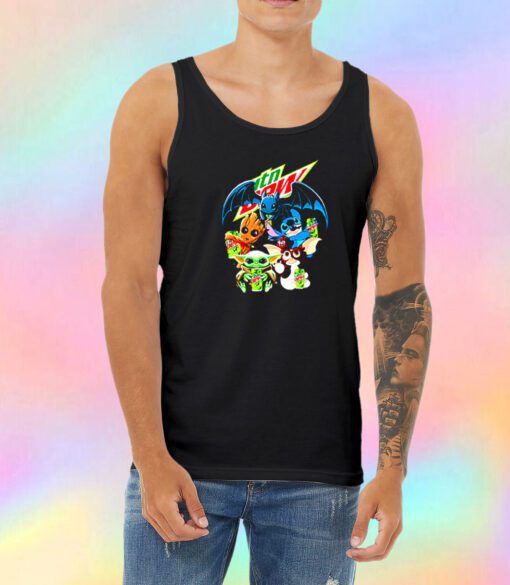 Baby Yoda Groot Stitch Toothless hugging Mtn Dew Unisex Tank Top