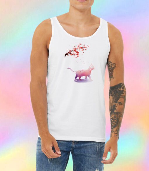 Pink Watercolor Cat Sakura Tree Unisex Tank Top