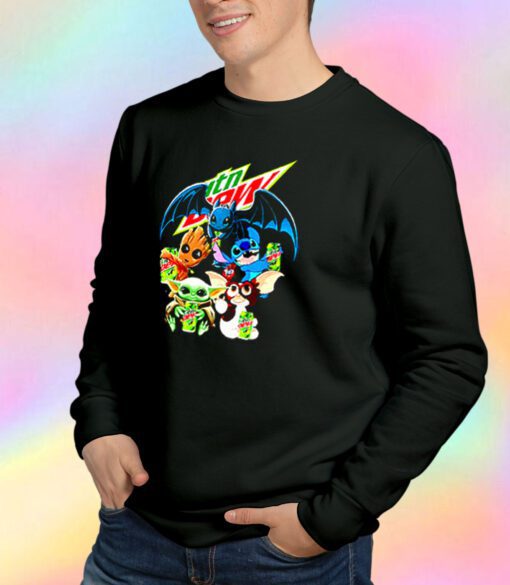 Baby Yoda Groot Stitch Toothless hugging Mtn Dew Sweatshirt