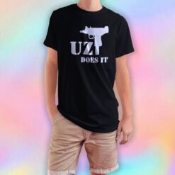 Vintage Y2k Uzi Does it tee Humor guns T Shirt